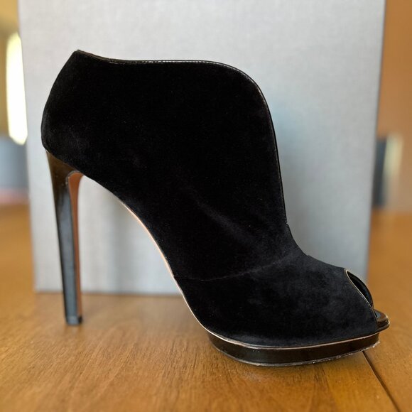Alexander McQueen Black Velvet Shoes Sandal Boots Pelle Cuoio High Hills Size 39 - Picture 4 of 12